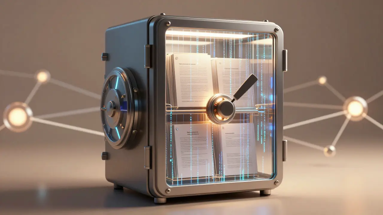 Cofre digital futurista com documentos seguros e mecanismo de acesso condicional iluminado